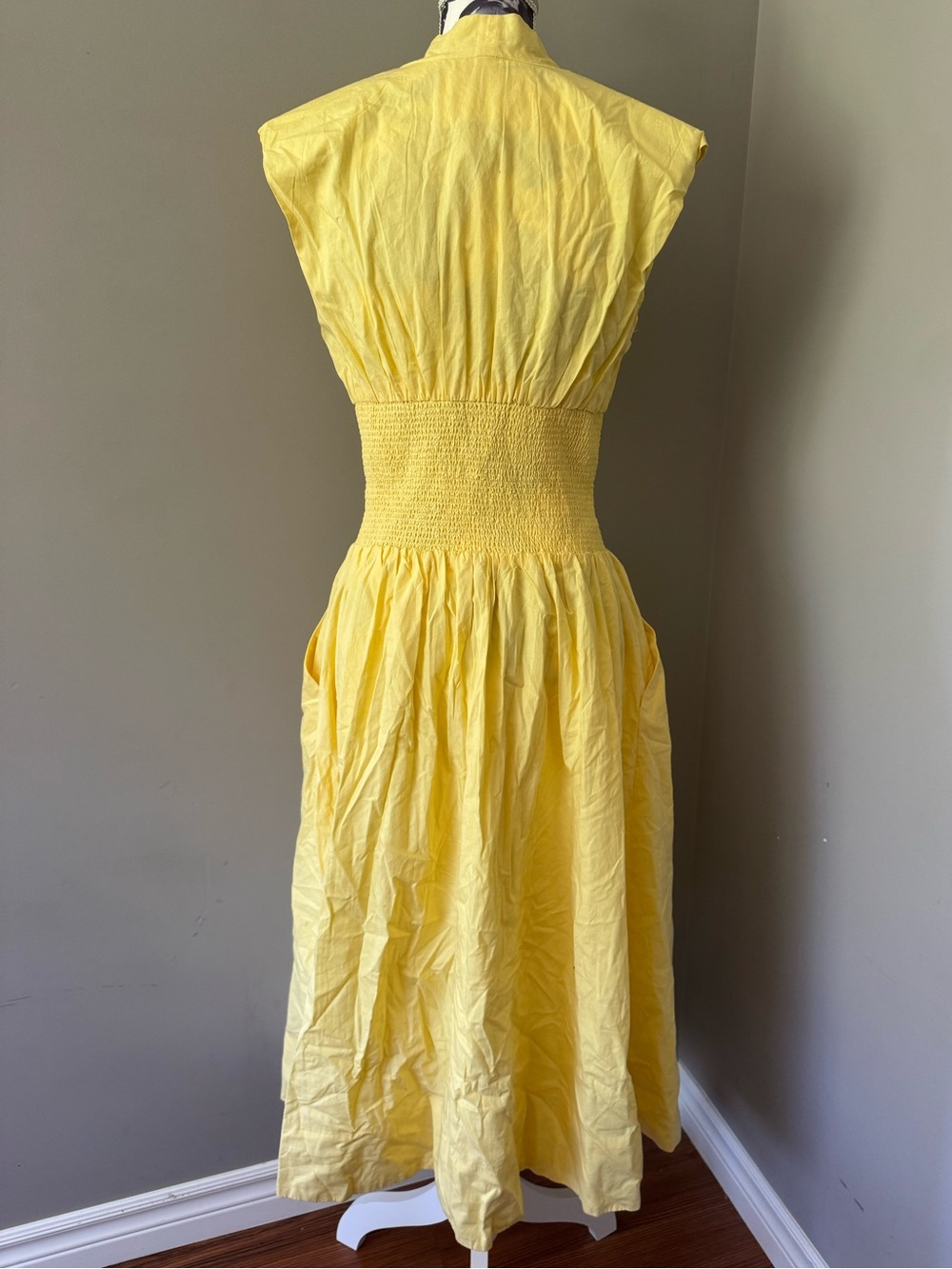 Anthropologie Tommie Cap Sleeve Smocked Front Zip Yellow Zip Midi Dress - Picture 5 of 12